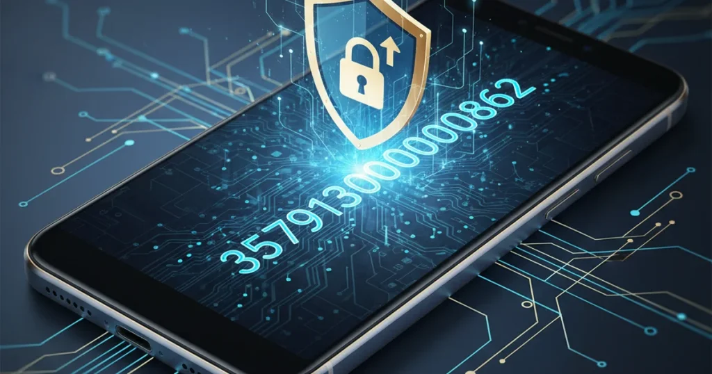 Smartphone with glowing IMEI number and security shield — TrackMobileIMEI.com